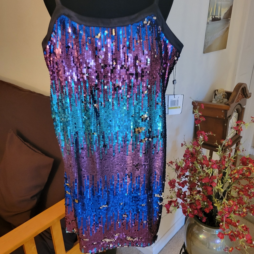 Laundry by Shelli Segal Sequined Mini Dress in Purple/Blue, Size 14